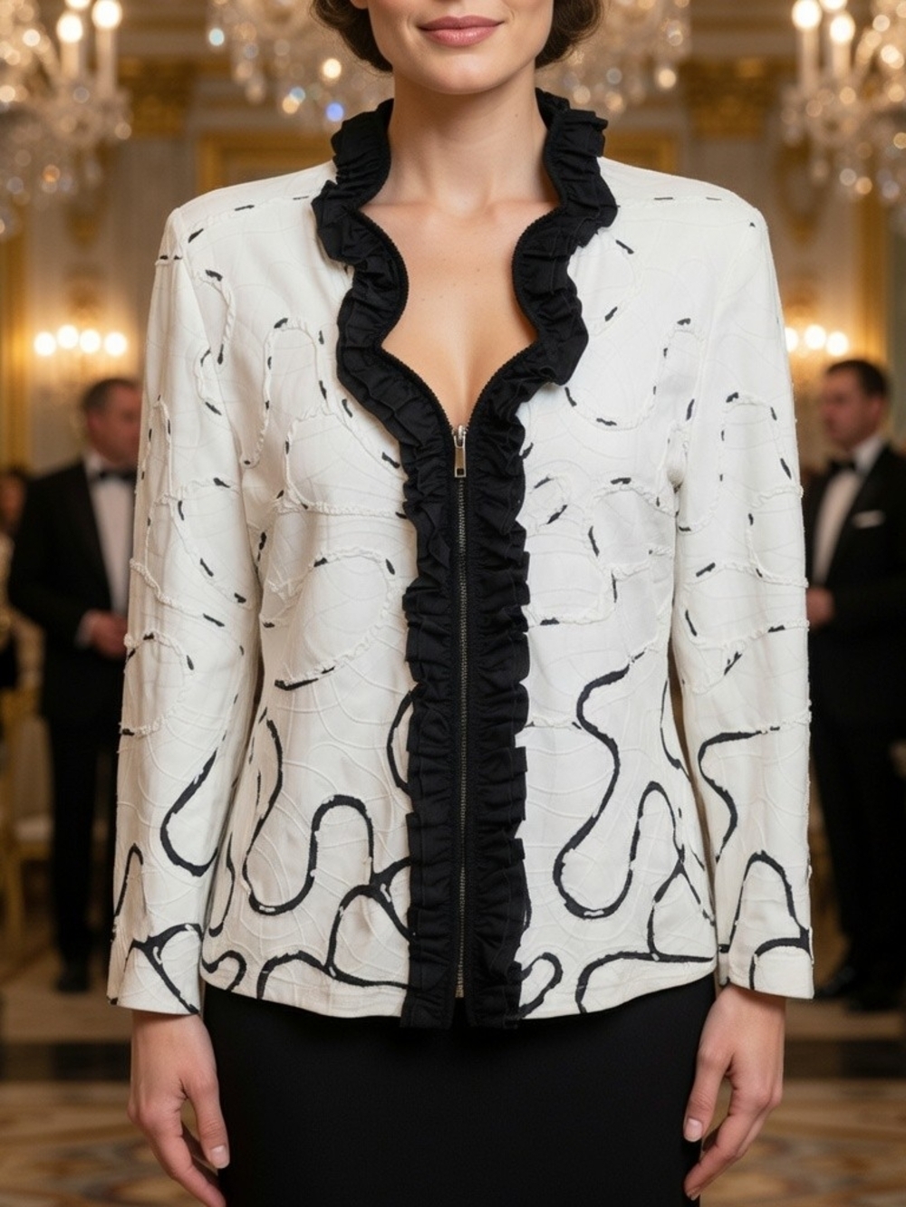 Ravel Y2K White Ruffle-Trim Blazer Jacket with Black Abstract Detail Size L
